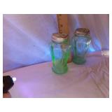 Vintage Uranium Green Glass Salt and pepper Shakers with Metal Lids