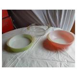 Pyrex and Anchor Hocking including Green Pyrex Casserole Dish, Pink Pyrex Bowl, and Clear Anchor Hocking Baking Dish