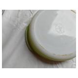 Pyrex and Anchor Hocking including Green Pyrex Casserole Dish, Pink Pyrex Bowl, and Clear Anchor Hocking Baking Dish