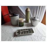 Vintage Ice Buckets and Thermos  including Hammered Metal Ice Bucket, Keapsit Thermos, and Striped Ice Bucket