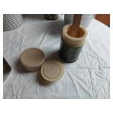 Vintage Ice Buckets and Thermos  including Hammered Metal Ice Bucket, Keapsit Thermos, and Striped Ice Bucket