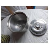 Vintage Ice Buckets and Thermos  including Hammered Metal Ice Bucket, Keapsit Thermos, and Striped Ice Bucket