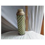 Vintage Ice Buckets and Thermos  including Hammered Metal Ice Bucket, Keapsit Thermos, and Striped Ice Bucket