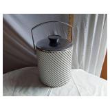 Vintage Ice Buckets and Thermos  including Hammered Metal Ice Bucket, Keapsit Thermos, and Striped Ice Bucket