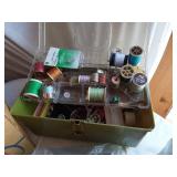 HUGE Lot of Sewing Supplies and Accessories Including Necchi Supernova Parts, Singer Needles, Scissors, and Fabrics