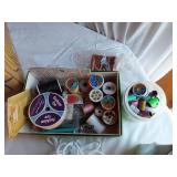 HUGE Lot of Sewing Supplies and Accessories Including Necchi Supernova Parts, Singer Needles, Scissors, and Fabrics