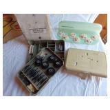 HUGE Lot of Sewing Supplies and Accessories Including Necchi Supernova Parts, Singer Needles, Scissors, and Fabrics