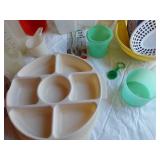 Mixed Kitchenware Items including Plastic Containers, Can Opener, and Dish Rack