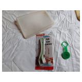 Mixed Kitchenware Items including Plastic Containers, Can Opener, and Dish Rack