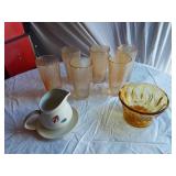 Franciscan Earthenware Cup and Saucer (chipped), Glass Tumblers, and Amber Bowl