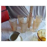 Franciscan Earthenware Cup and Saucer (chipped), Glass Tumblers, and Amber Bowl