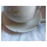 Franciscan Earthenware Cup and Saucer (chipped), Glass Tumblers, and Amber Bowl