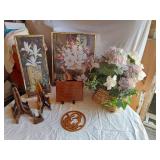 Set of floral-themed wall decorations and wooden display stands with a wooden plaque
