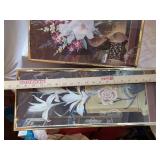 Set of floral-themed wall decorations and wooden display stands with a wooden plaque
