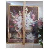 Set of floral-themed wall decorations and wooden display stands with a wooden plaque