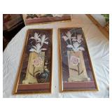 Set of floral-themed wall decorations and wooden display stands with a wooden plaque