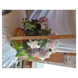 Set of floral-themed wall decorations and wooden display stands with a wooden plaque
