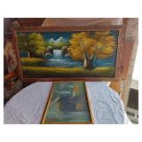 2 Paintings: The first features a serene landscape with trees and a waterfall, while the second depicts an unique bird with flowing forms