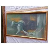 2 Paintings: The first features a serene landscape with trees and a waterfall, while the second depicts an unique bird with flowing forms