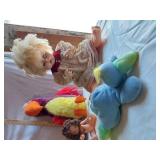Plush Toys and Figurines including Stuffed Crocodile, Bird Plush, and Doll