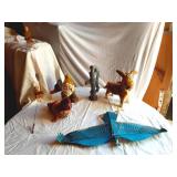 Ceramic Gnomes, Donkey, and Wooden Bird Mobile