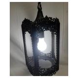 Vintage Ornate Hanging Lantern Light Fixture with Missing Glass Panels