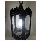 Vintage Ornate Hanging Lantern Light Fixture with Missing Glass Panels