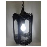 Vintage Ornate Hanging Lantern Light Fixture with Missing Glass Panels
