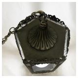 Vintage Ornate Hanging Lantern Light Fixture with Missing Glass Panels