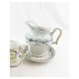 Vintage Bone China Teacup, Saucer, Creamer and Pitcher Set - Royal Albert Rosetime, Blue Floral, Gold Rim
