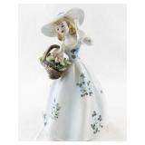 Lefton 3988 Porcelain Lady Figurine with Basket and Blue Flowers