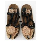 Vintage Handmade Leather Sandals with Woven Wool Accents