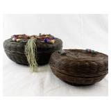 Set of 2 Decorated Lidded Wicker Baskets with Beaded Accents