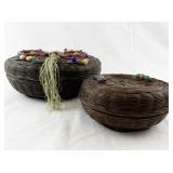 Set of 2 Decorated Lidded Wicker Baskets with Beaded Accents