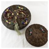 Set of 2 Decorated Lidded Wicker Baskets with Beaded Accents