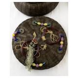 Set of 2 Decorated Lidded Wicker Baskets with Beaded Accents