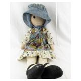 Vintage Handmade Rag Doll with Patchwork Dress and Blue Bonnet
