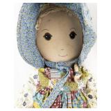 Vintage Handmade Rag Doll with Patchwork Dress and Blue Bonnet