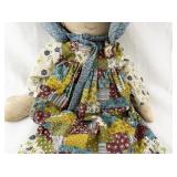 Vintage Handmade Rag Doll with Patchwork Dress and Blue Bonnet