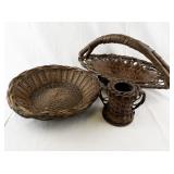 Set of 3 Woven Brown Wicker Baskets with Handle and Decorative Vase