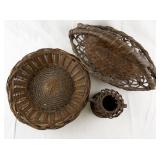 Set of 3 Woven Brown Wicker Baskets with Handle and Decorative Vase