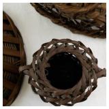 Set of 3 Woven Brown Wicker Baskets with Handle and Decorative Vase