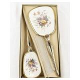Vintage Vanity Set with Floral Hand Mirror, Brush, and Comb
