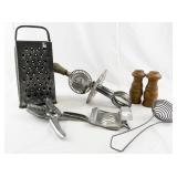 Vintage Kitchen Utensil Set with Grater, Egg Beater, and Wooden Salt & Pepper Shakers