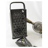 Vintage Kitchen Utensil Set with Grater, Egg Beater, and Wooden Salt & Pepper Shakers