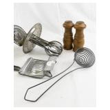 Vintage Kitchen Utensil Set with Grater, Egg Beater, and Wooden Salt & Pepper Shakers