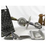 Vintage Kitchen Utensil Set with Grater, Egg Beater, and Wooden Salt & Pepper Shakers