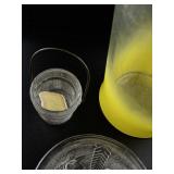 Vintage Glassware Collection with Half Frosted Yellow Pitcher and Decorative Bowls