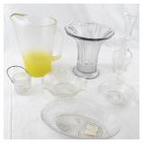 Vintage Glassware Collection with Half Frosted Yellow Pitcher and Decorative Bowls