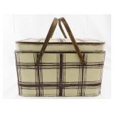 Vintage Metal Plaid Picnic Basket with Wooden Handles